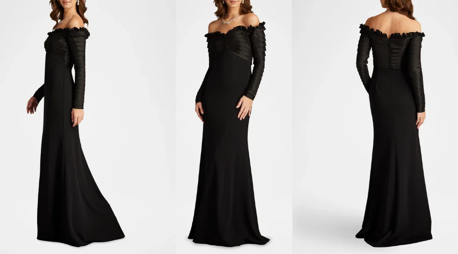 Off-Shoulder Pleated Taffeta and Crepe Gown