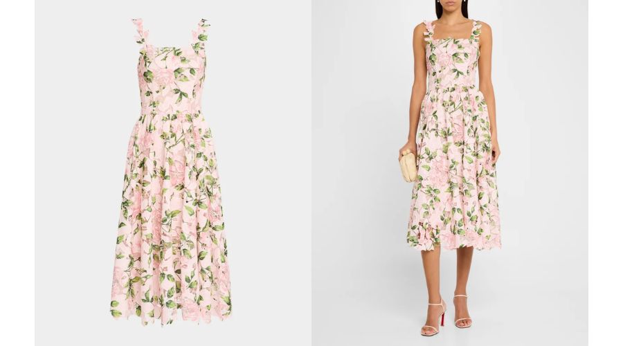 Printed Garden Rose Guipure Sleeveless Midi Dress